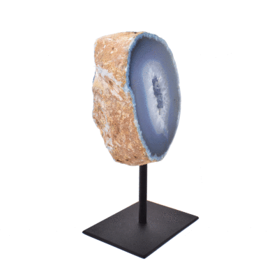 Natural blue agate geode gemstone with crystal quartz, embedded into a black, metallic base. The product has a height of 16cm. Buy online shop.