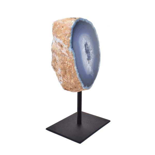 Natural blue agate geode gemstone with crystal quartz, embedded into a black, metallic base. The product has a height of 16cm. Buy online shop.