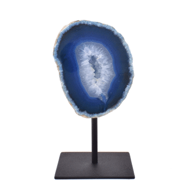 Natural blue agate geode gemstone with crystal quartz, embedded into a black, metallic base. The product has a height of 16cm. Buy online shop.