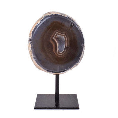 Natural agate geode gemstone with crystal quartz, embedded into a black, metallic base. The product has a height of 15cm. Buy online shop.