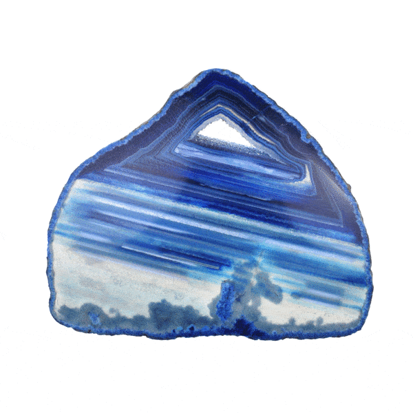 Polished 14.5cm slice of natural blue agate gemstone with crystal quartz. The slice of agate comes with a wooden base. Buy online shop.