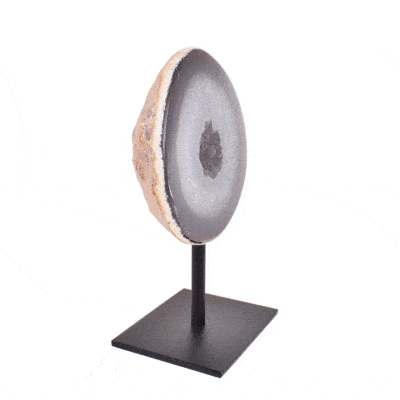 Natural agate geode gemstone with crystal quartz, embedded into a black, metallic base. The product has a height of 19.5cm. Buy online shop.