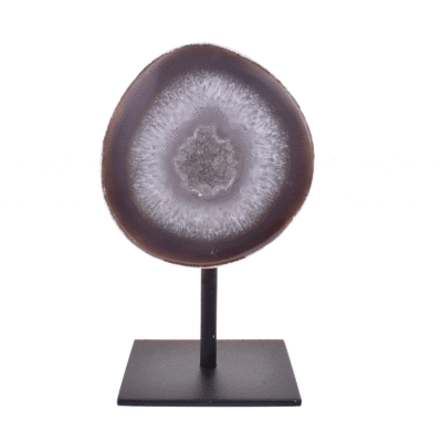 Natural agate geode gemstone with crystal quartz, embedded into a black, metallic base. The product has a height of 19.5cm. Buy online shop.