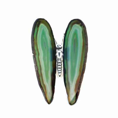 Butterfly with silver plated metallic body and wings made from polished slices of natural Agate gemstone of green colour. The butterfly has a size of 9,5cm. Buy online shop.