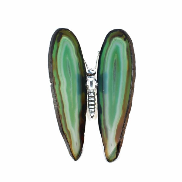 Butterfly with silver plated metallic body and wings made from polished slices of natural Agate gemstone of green colour. The butterfly has a size of 9,5cm. Buy online shop.