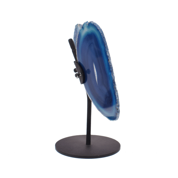 Butterfly with wings made from polished slices of natural blue agate gemstone, placed on a black, metallic base. The butterfly has a size of 17cm.