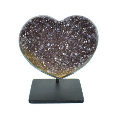 Natural amethyst gemstone in the shape of a heart, embedded into a metallic base. The product has a height of 7cm. Buy online shop.