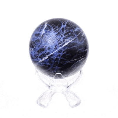 Polished 6.5cm diameter sphere made from natural sodalite gemstone. The sphere comes with a transparent plexiglass base. Buy online shop.