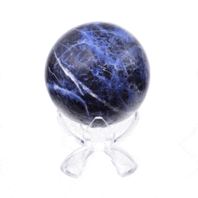 Polished 6.5cm diameter sphere made from natural sodalite gemstone. The sphere comes with a transparent plexiglass base. Buy online shop.