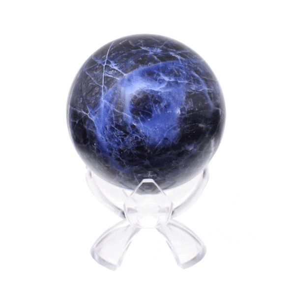 Polished 6.5cm diameter sphere made from natural sodalite gemstone. The sphere comes with a transparent plexiglass base. Buy online shop.