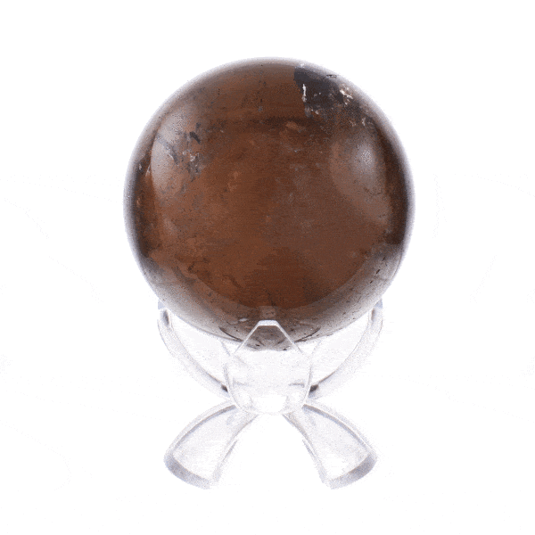 Polished 6cm diameter sphere made from natural smoky quartz gemstone. The sphere comes with a transparent plexiglass base. Buy online shop.