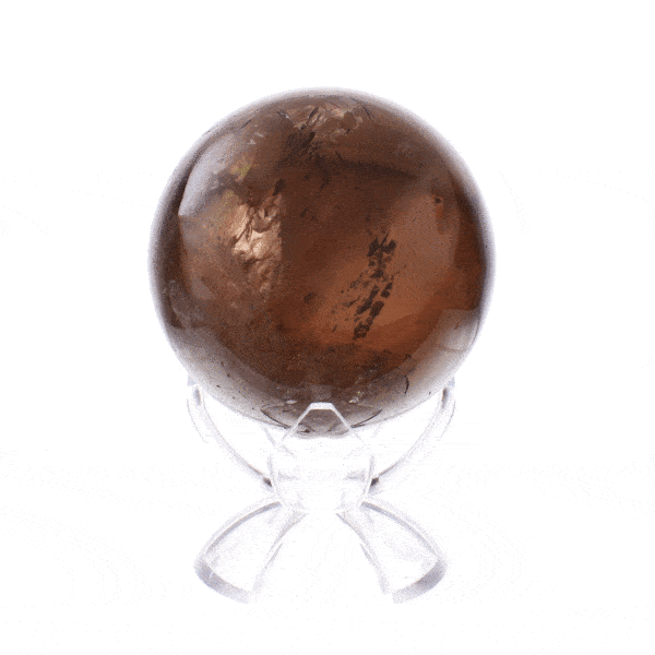 Polished 6cm diameter sphere made from natural smoky quartz gemstone. The sphere comes with a transparent plexiglass base. Buy online shop.