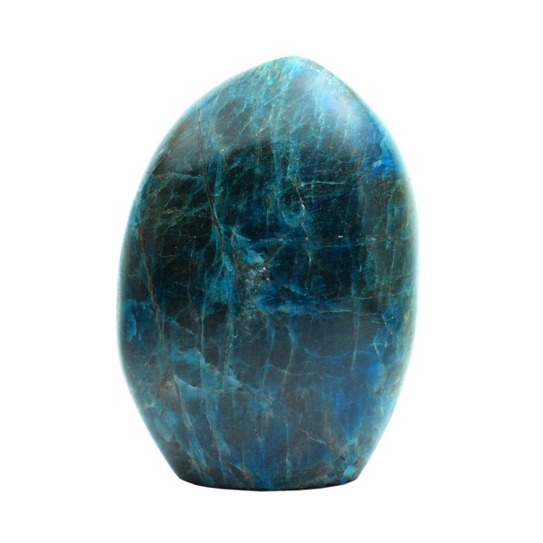 Polished piece of natural Apatite gemstone, in an oval shape with cut base. The Apatite has a height of 10,5cm. Buy online shop.