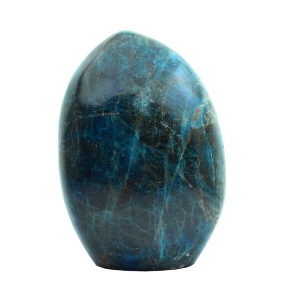 Polished piece of natural Apatite gemstone, in an oval shape with cut base. The Apatite has a height of 10,5cm. Buy online shop.