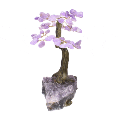 Tree with polished natural amethyst gemstone leaves and raw amethyst base. The tree has a height of 19cm. Buy online shop.