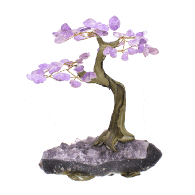 Tree with polished natural amethyst gemstone leaves and raw amethyst base. The tree has a height of 19cm. Buy online shop.