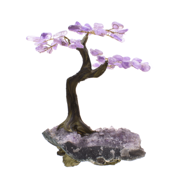 Tree with polished natural amethyst gemstone leaves and raw amethyst base. The tree has a height of 19cm. Buy online shop.