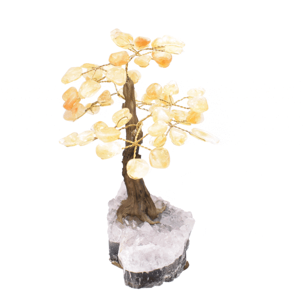 Handmade tree with leaves of natural baroque citrine quartz gemstones and rough amethyst base. The tree has a height of 16.5cm. Buy online shop.