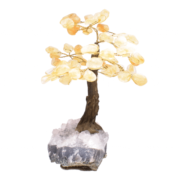 Handmade tree with leaves of natural baroque citrine quartz gemstones and rough amethyst base. The tree has a height of 16.5cm. Buy online shop.