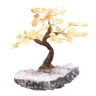 Handmade tree with leaves of natural baroque citrine quartz gemstones and rough amethyst base. The tree has a height of 16.5cm. Buy online shop.
