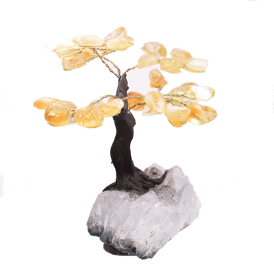 Handmade tree with leaves of natural baroque citrine quartz gemstones and rough amethyst base. The tree has a height of 11cm. Buy online shop.