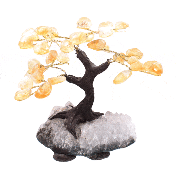 Handmade tree with leaves of natural baroque citrine quartz gemstones and rough amethyst base. The tree has a height of 11cm. Buy online shop.