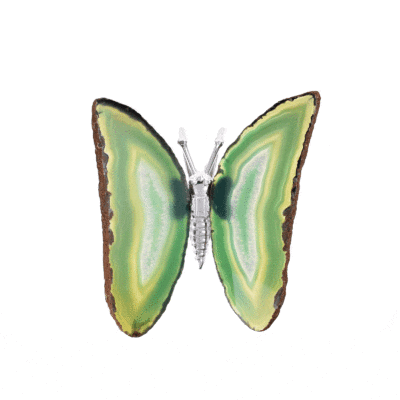 Decorative green butterfly crafted from natural Agate stone with a metal body, measuring 10.5 cm.