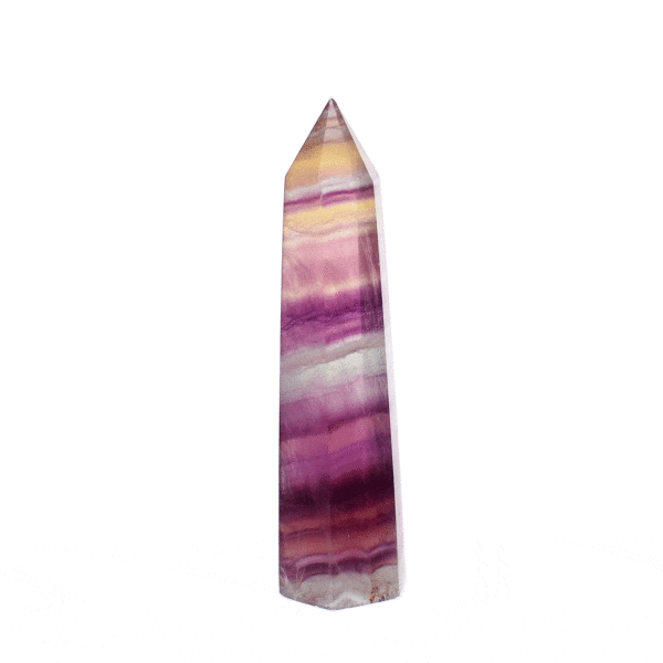 Natural, polished fluorite gemstone point, which stands at 9cm in height and features stunning bands of purple, violet, and golden hues. 