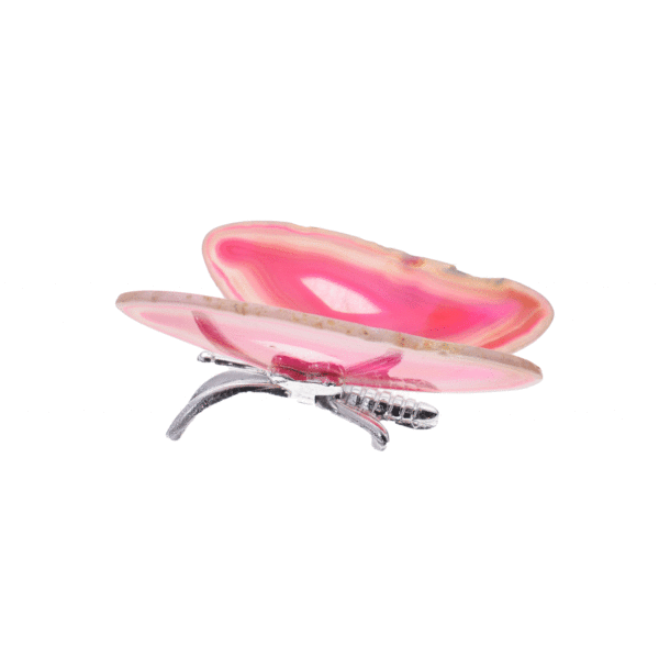 Butterfly with golden metallic body and wings made from polished slices of natural pink agate gemstone. The butterfly has a size of 10cm.