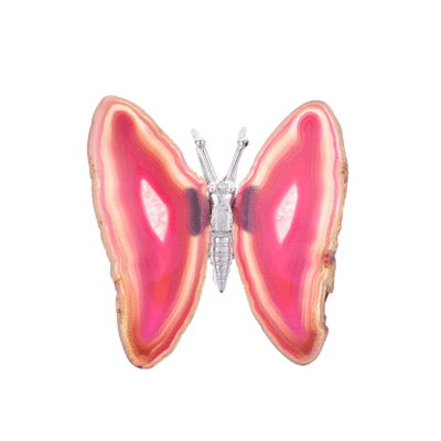Butterfly with golden metallic body and wings made from polished slices of natural pink agate gemstone. The butterfly has a size of 10cm.