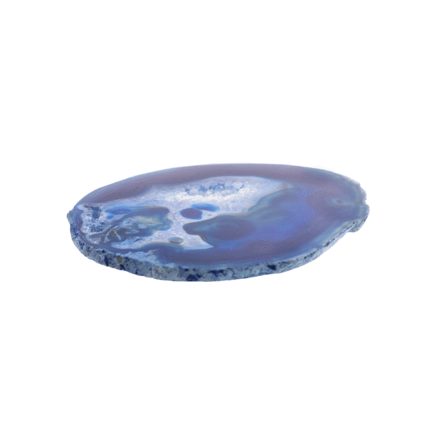 Polished 14cm slice of natural blue agate gemstone with crystal quartz. 