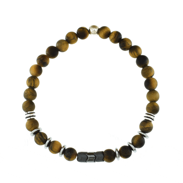 Handmade bracelet with tiger's eye and hematite gemstones, threaded on an extra quality silicone elastic. The bracelet is decorated with sterling silver elements. Buy online shop.