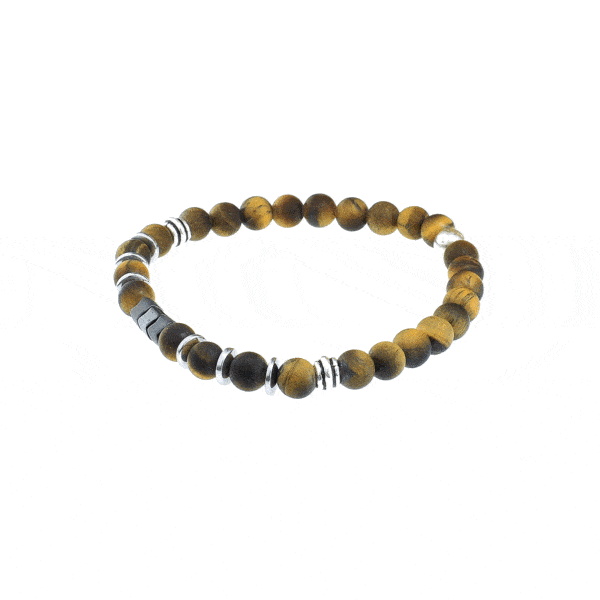 Handmade bracelet with tiger's eye and hematite gemstones, threaded on an extra quality silicone elastic. The bracelet is decorated with sterling silver elements. Buy online shop.