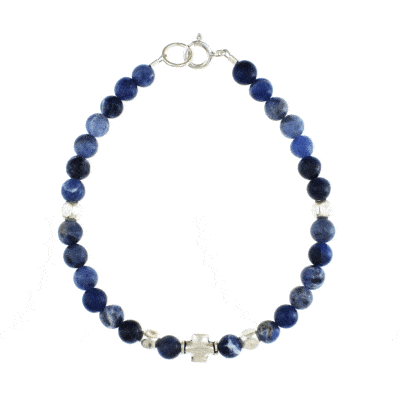 Handmade bracelet with natural Sodalite gemstones, silver elements and a central cross made of sterling silver. Buy online shop.