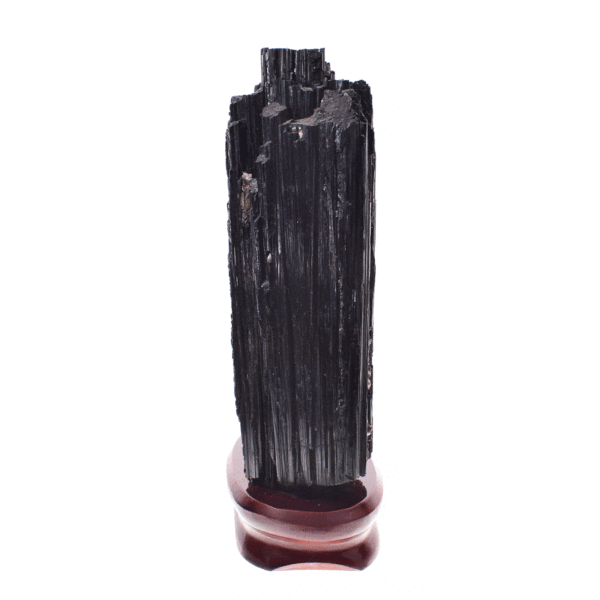 Raw 21cm piece of natural black tourmaline gemstone. The tourmaline comes with a wooden base. Buy online shop.