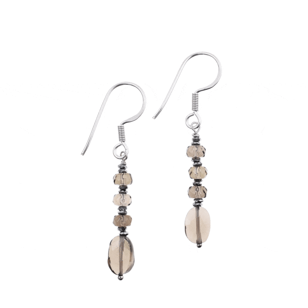 Handmade long earrings made of sterling silver and natural, faceted smoky quartz and hematite gemstones, in an oval and wheel shape. Buy online shop.