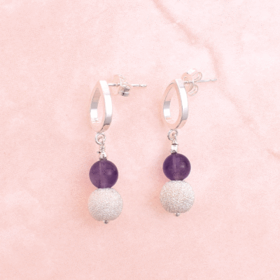 Handmade, long earrings made of sterling silver and natural amethyst gemstone.