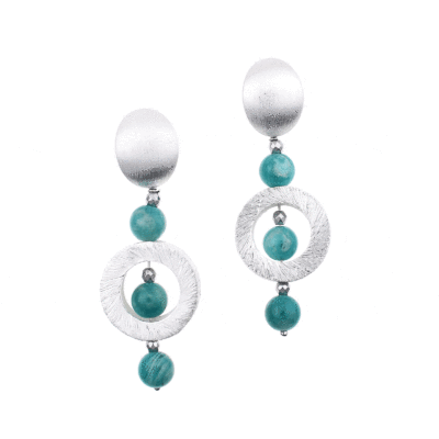 Handmade, long earrings made of sterling silver and natural amazonite and hematite gemstones in a spherical shape. Buy online shop.