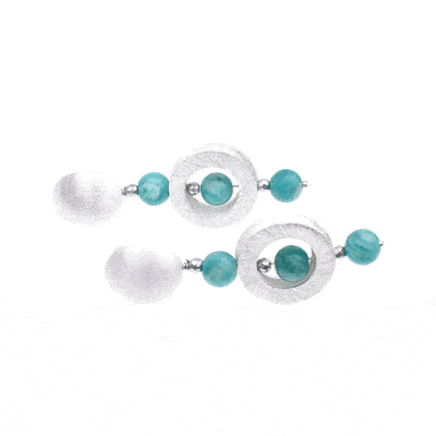 Handmade, long earrings made of sterling silver and natural amazonite and hematite gemstones in a spherical shape. Buy online shop.