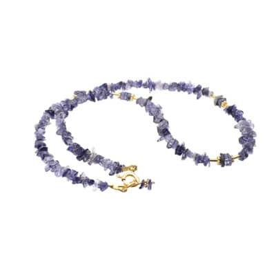 Handmade necklace made of irregular shaped Iolite gemstones and gold plated sterling silver elements. 