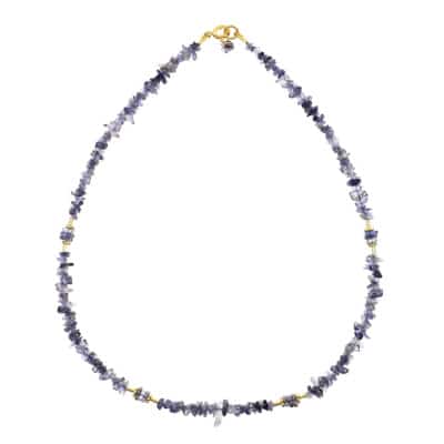 Handmade necklace made of irregular shaped Iolite gemstones and gold plated sterling silver elements. 