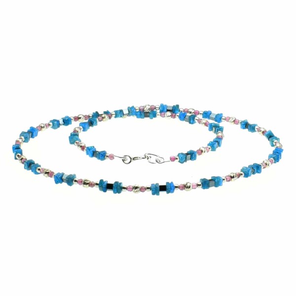 Handmade, short necklace made of Hematite, Apatite and Pink Tourmaline, decorated with elements made of sterling silver. Buy online shop.