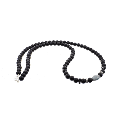 Handmade necklace with natural spherical shaped onyx and oval shaped chrysocolla gemstones, decorated with elements made of sterling silver. Buy online shop.