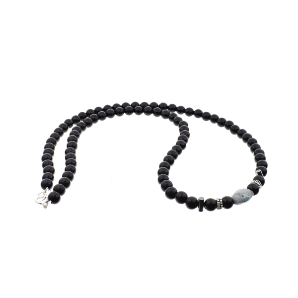 Handmade necklace with natural spherical shaped onyx and oval shaped chrysocolla gemstones, decorated with elements made of sterling silver. Buy online shop.