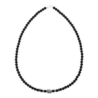 Handmade necklace with natural spherical shaped onyx and oval shaped chrysocolla gemstones, decorated with elements made of sterling silver. Buy online shop.
