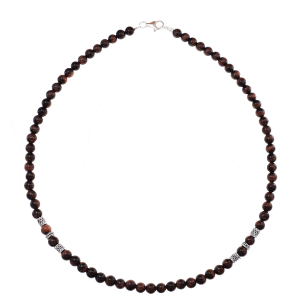 Handmade necklace with natural red Tiger Eye gemstones and decorative elements made of sterling silver. Buy online shop.