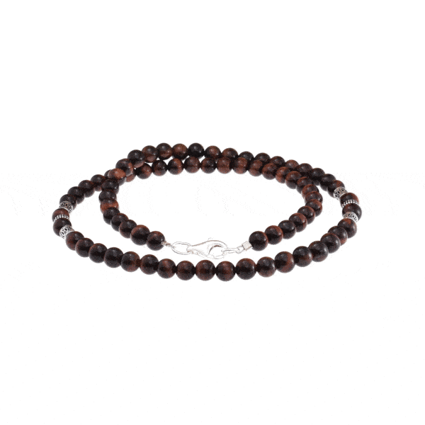 Handmade necklace with natural red Tiger Eye gemstones and decorative elements made of sterling silver. Buy online shop.