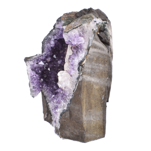 Raw piece of natural amethyst gemstone with white calcite. The amethyst has a height of 16cm. Buy online shop.