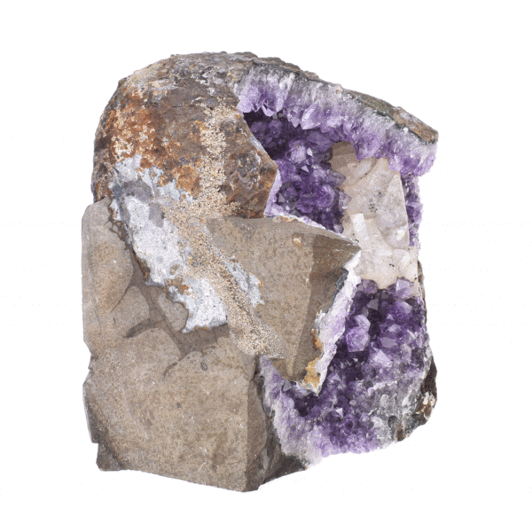 Raw piece of natural amethyst gemstone with white calcite. The amethyst has a height of 16cm. Buy online shop.