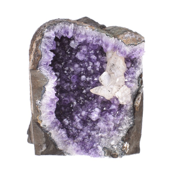 Raw piece of natural amethyst gemstone with white calcite. The amethyst has a height of 16cm. Buy online shop.
